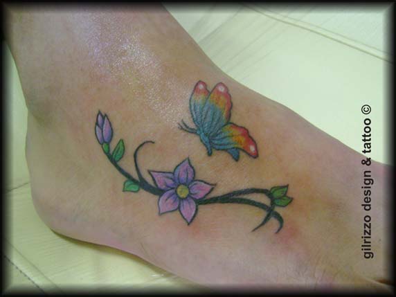 foot tattoos tattoo butterfly and flowers