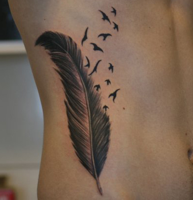 Side Body Bird Crow Feather Tattoo Picture 2