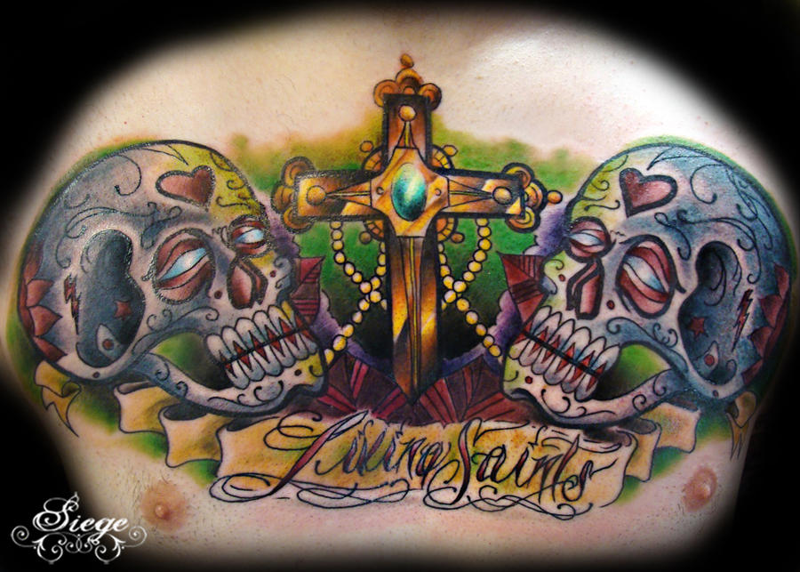 Living Saints and Brass Hearts - chest tattoo
