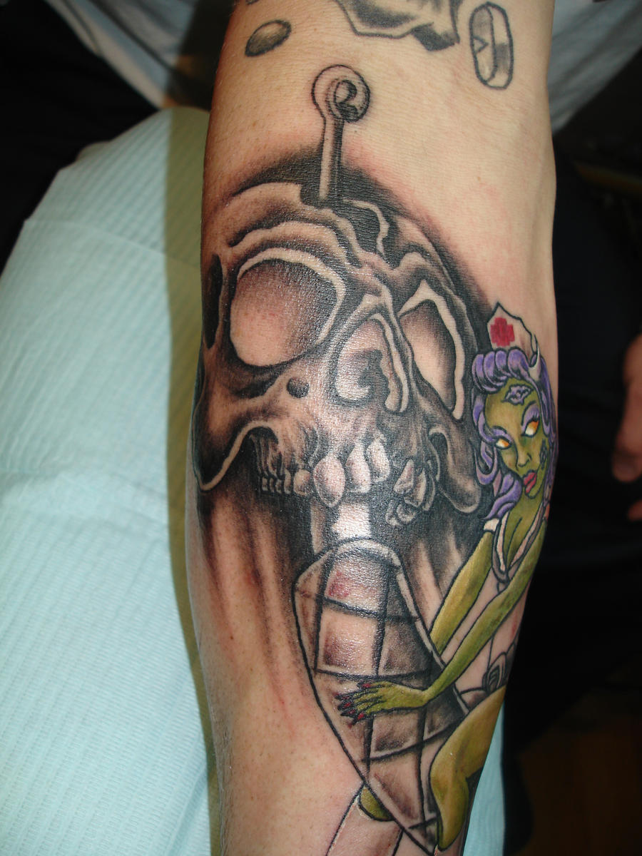skull tattoo and zombie nurse
