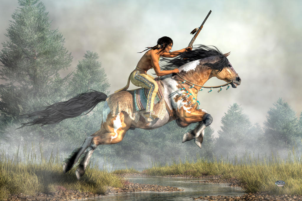 Native American riding a jumping horse. 